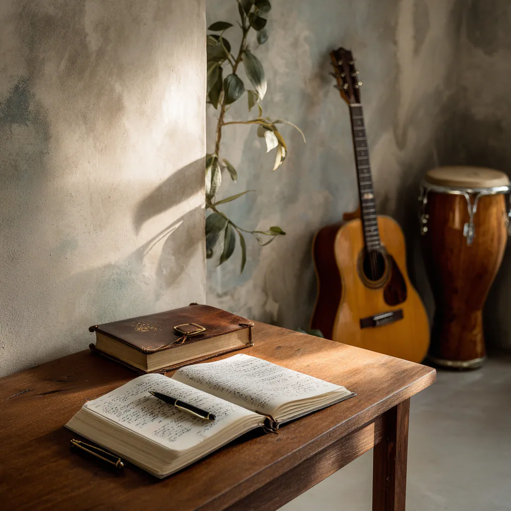 Writing desk with open notebook, leather journal, acoustic guitar and African djembe drum in warm natural light